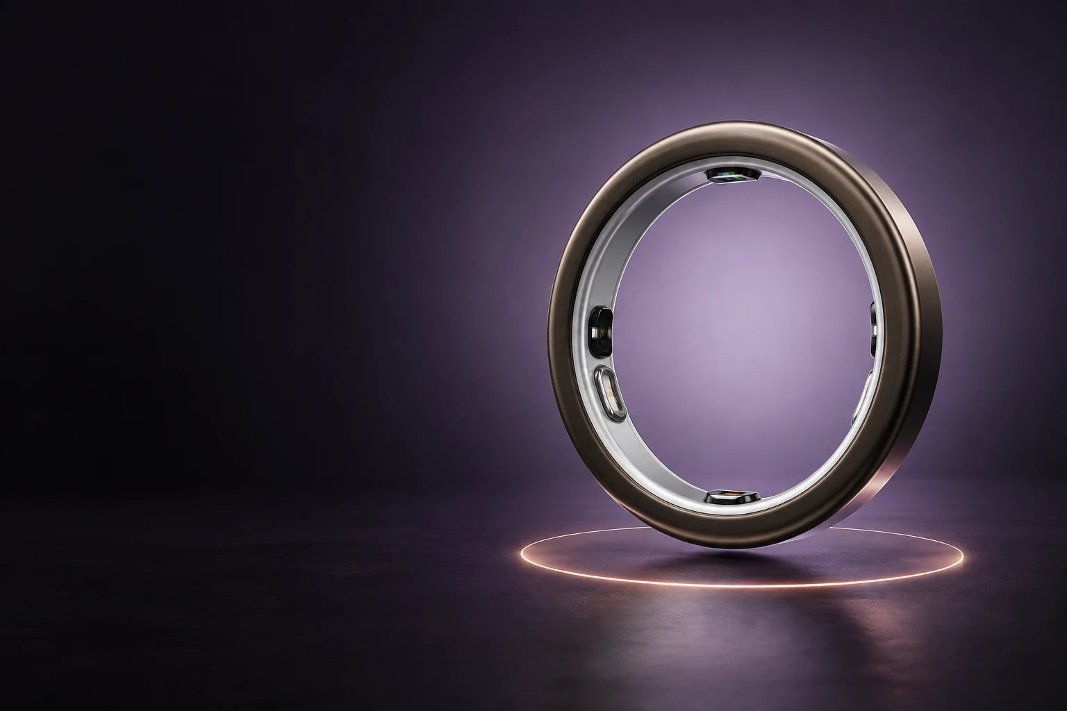 SUNA smart ring floating above a soft peach halo with a lavender glow