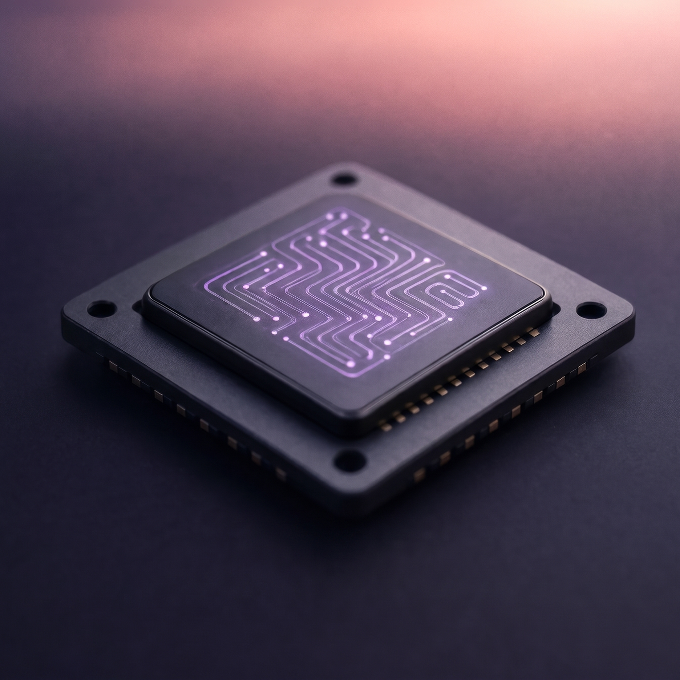 Concept illustration of a chip with glowing lavender circuits